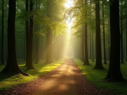 Natuurlijk bospaadje met zachte lichtval tussen bomen